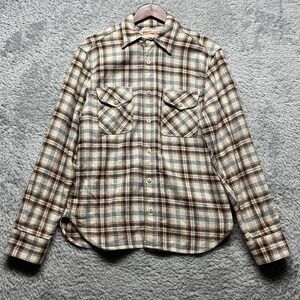 Freenote Cloth Flannel Shirt Mens Large Cream Brown Plaid Wells Japanese Woven